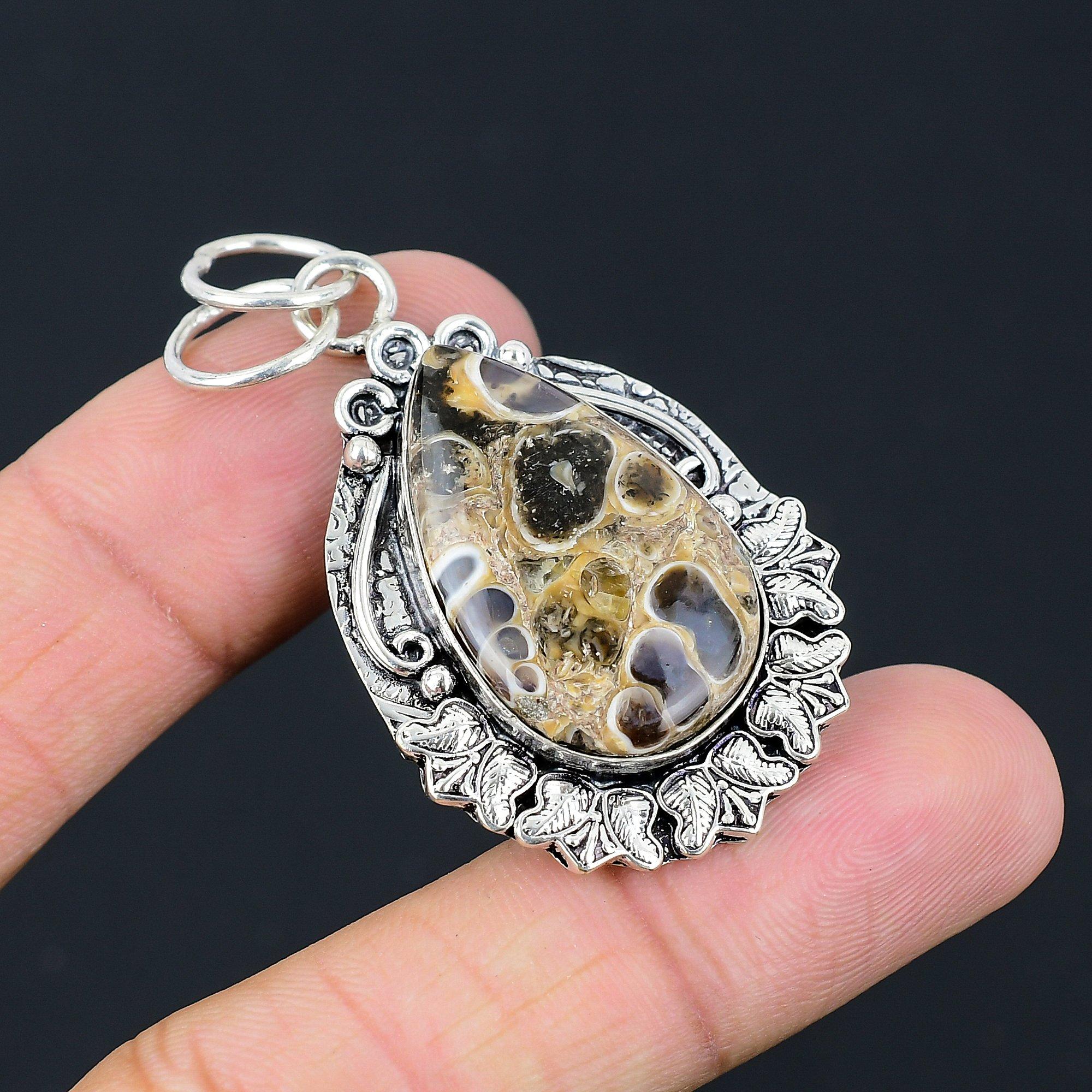 Daughters Day Deal 925 Silver Natural Turritella Agate Art Deco Handmade Pendant