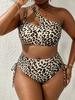 1011 European and American New Leopard Print Split Bikini Sexy Shoulder Waist Side Drawstring Large Size Women's Swimsuit Bikini