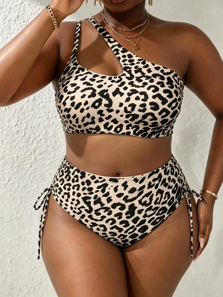 1011 European and American New Leopard Print Split Bikini Sexy Shoulder Waist Side Drawstring Large Size Women's Swimsuit Bikini