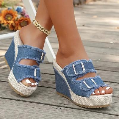 Keilabsatz Plateau Damensandalen Sommer Strohgeflecht Dicke Sohle Denim Hausschuhe Mode Lässig Doppelriemen Schnalle Sandale