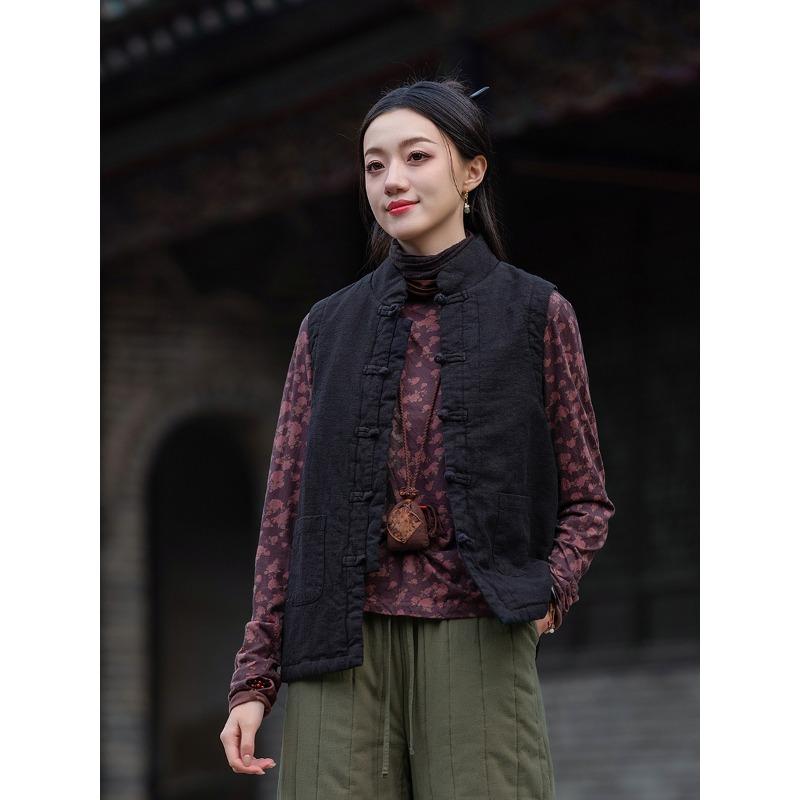 25 Winter new Chinese women's ramie retro disc buckle cotton vest Chinese Tang quilted cotton vest
