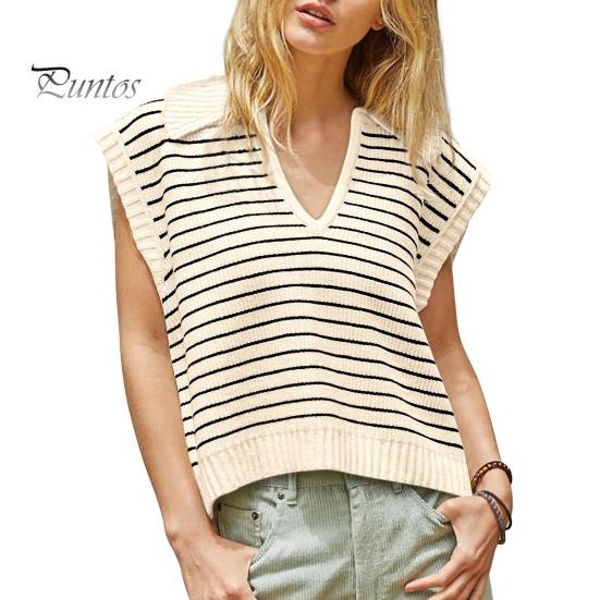 

Женские летние топы, пуловеры без рукавов с лацканами и v-образным вырезом, свободные вязаные блузки в полоску с принтом, уличная одежда XL бежевый