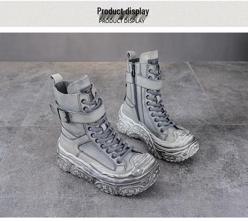 Damen Vintage Leder Motorrad Stiefeletten - Dicke Sohle, Martin Stil, Herbst/Winter Kollektion, Plus Baumwollfutter.