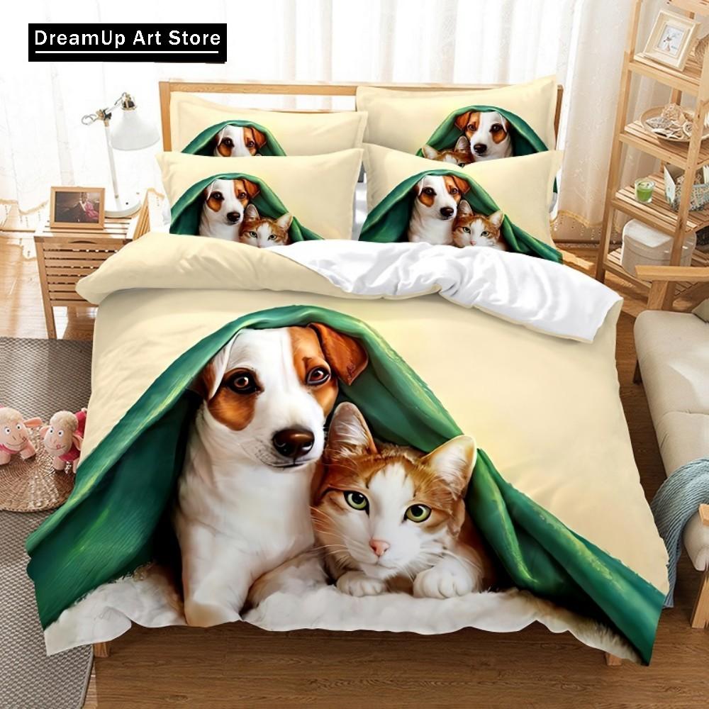 Cat And Dog Duvet Cover Set 3D Print Cute Animal Theme Bedding Set Bed Set Quilt Cover Pillowcase Twin Single Queen King Size