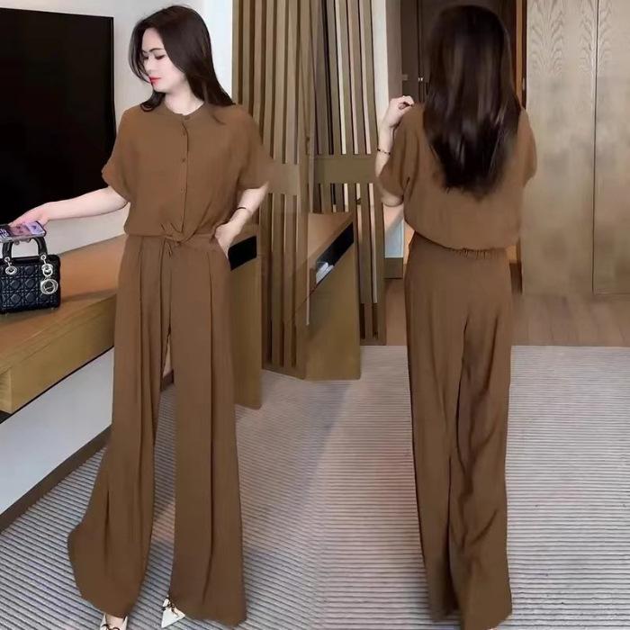 Women Summer 2 Piece Outfit Solid Short Sleeve Blouse Wide Leg Pants Loose Casual Co‑Ord Set