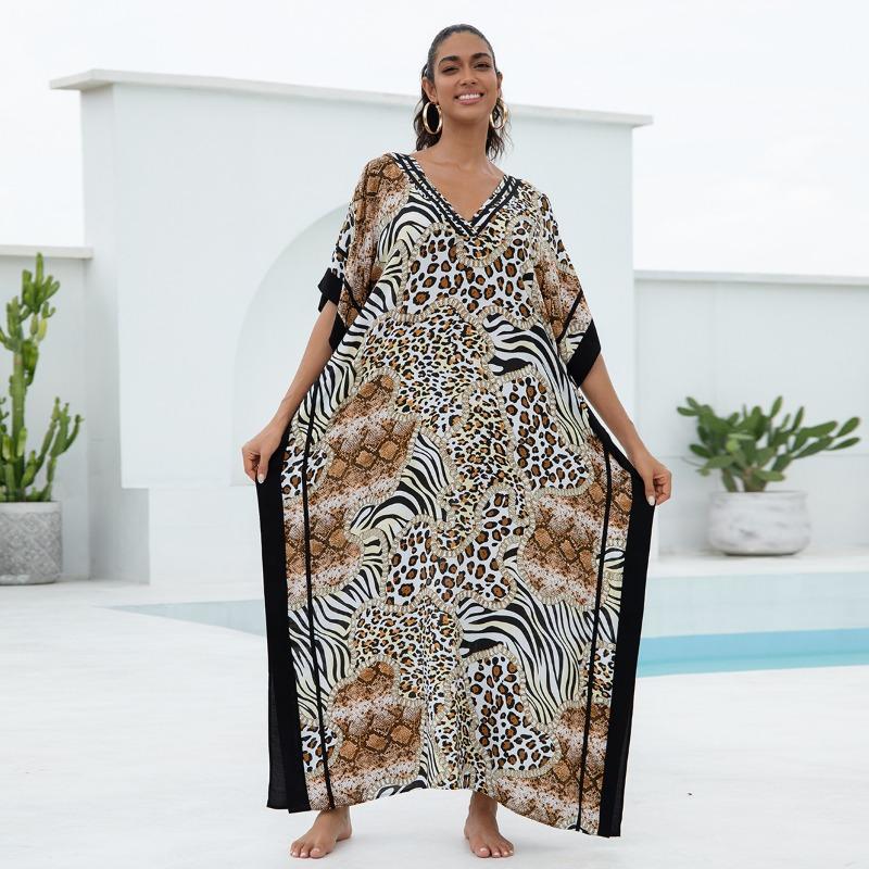 Women's Fashion Summer Spring Solid Color Print 1/2 Sleeves V-Neck Loose Waistline Casual Dresses