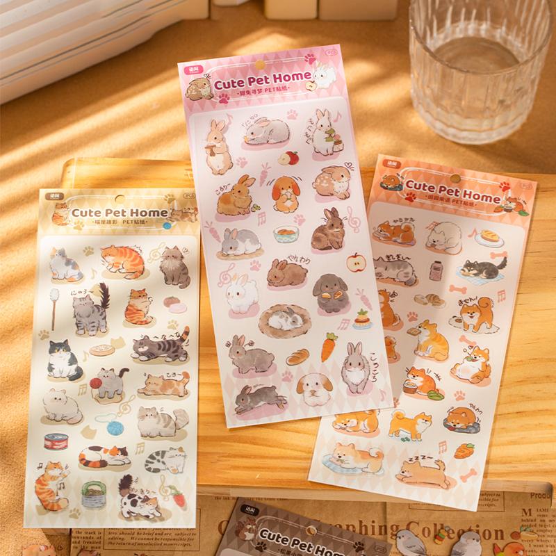 Mr.Paper 6Packs Cute Pet Home Series PET Sticker Single Sheet Kawaii Animal Design DIY Journal Scrapbook Phone Case Dairy Decor