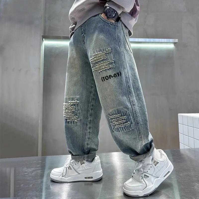 Quattro Stagioni Primavera Autunno Jeans Ragazzo Bambini Pantaloni di Jeans Larghi Adolescente Moda Primavera Pantaloni Larghi Bambini Abbigliamento Bello