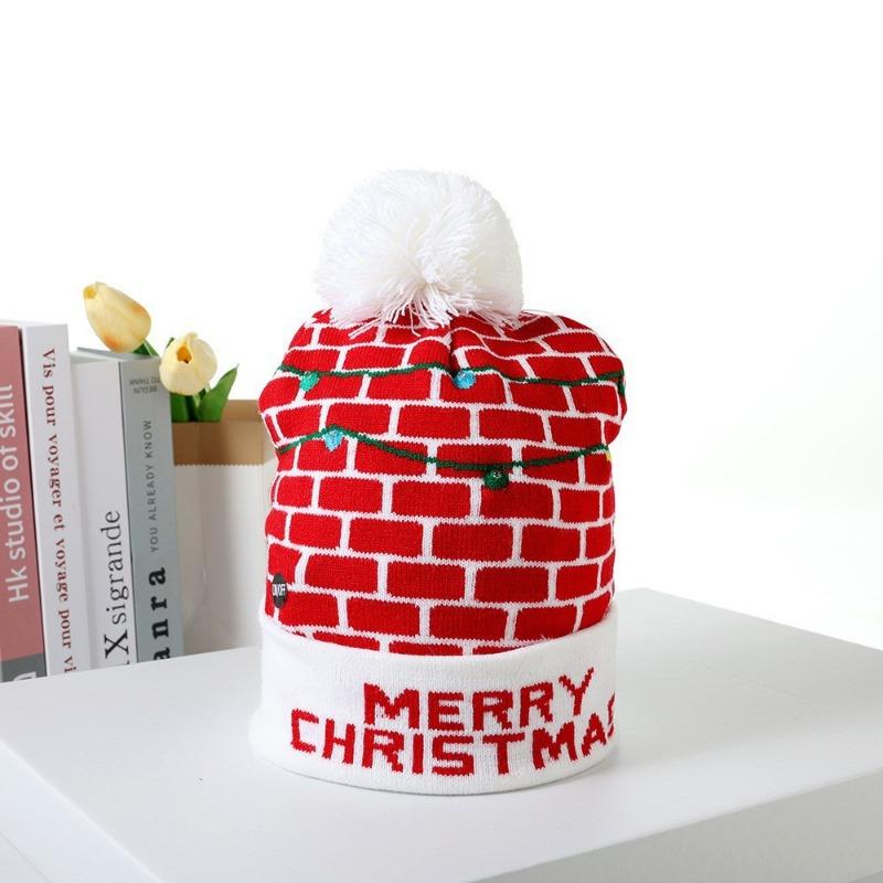 Christmas Decorations Flanged Ball Knitted Hat ED Light Hat Adult Children's Hat, Children's Glowing Christmas Hat