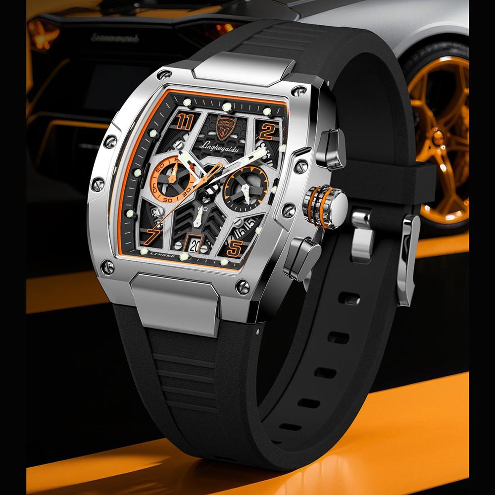 Multifunction Quartz Watches Mens Large Dial Fashion Tonneau Chronograph Watch Sports Silicone Strap,Date,Luminous