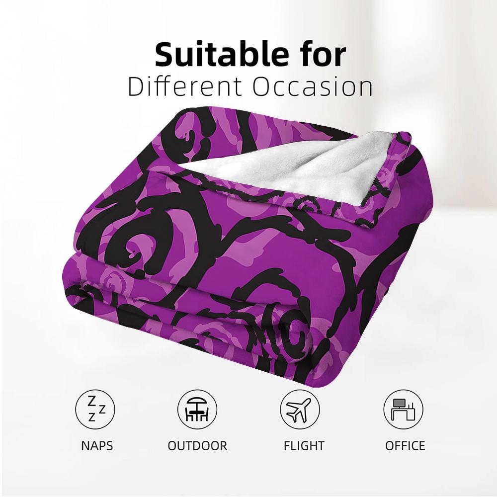 Purple Black Line Rose Motif Soft Flannel Blanket Breathable Warm Throw for Office Car Sofa Kids Room Birthday Xmas Gift