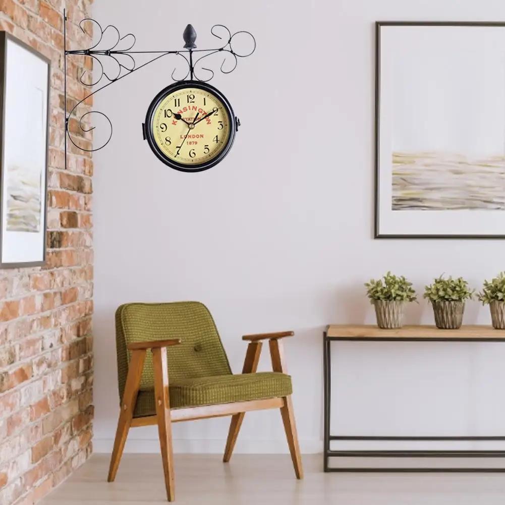 Outdoor Garden Wall Station Clock Double Sided Retro Quartz Watches Metal Iron Art Hanging Clocks for Garden Corridor Decoration