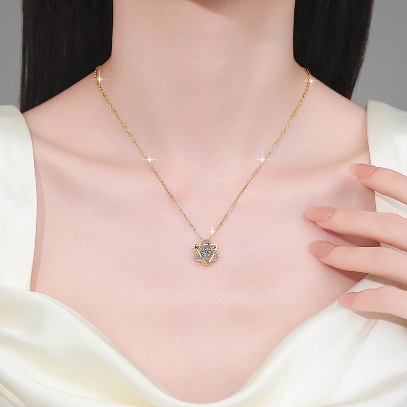 Luxury Solid Real Gold Women's Hexagram Pendant Beating Heart Fashion Moissanite Diamond Pendant Clavicle Chain