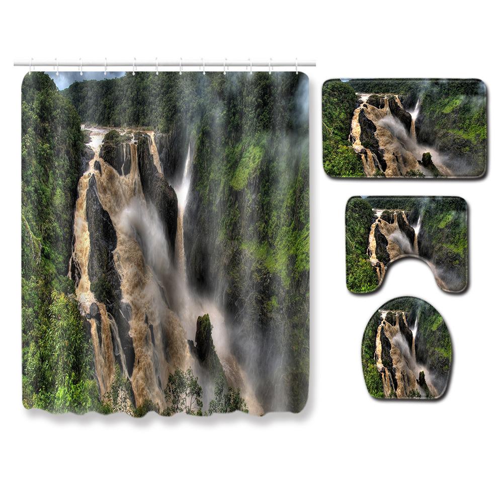 Landscape Shower Curtain Floor Mat Combination Four-Piece Set Bathroom Floor Mat Household Door Mat Bedroom Living Room Carpet
