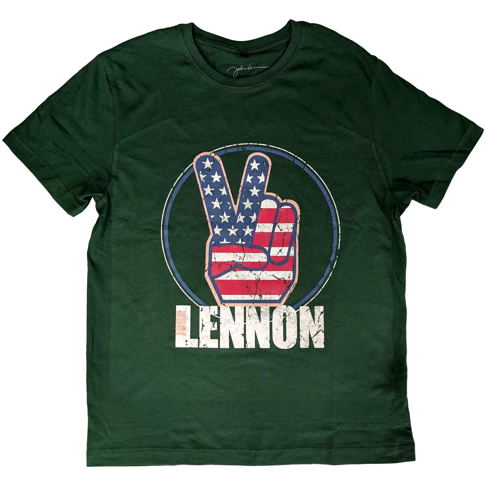 Men s John Lennon Peace Fingers Us Flag T-shirt Large Green M
