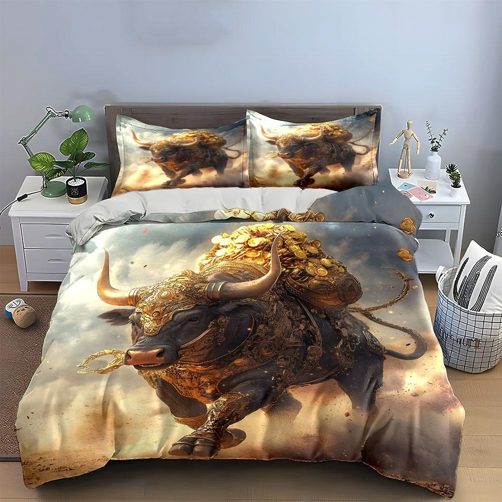 Golden Bull Statue Decor Set Multiple Sizes Kid'S And Adults' Bedroom Exquisite 3Pc Bedding Set, Gift