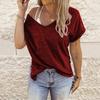 Fashion Womens Summer  V-neck Solid Color Short-sleeved Loose T-shirt Top