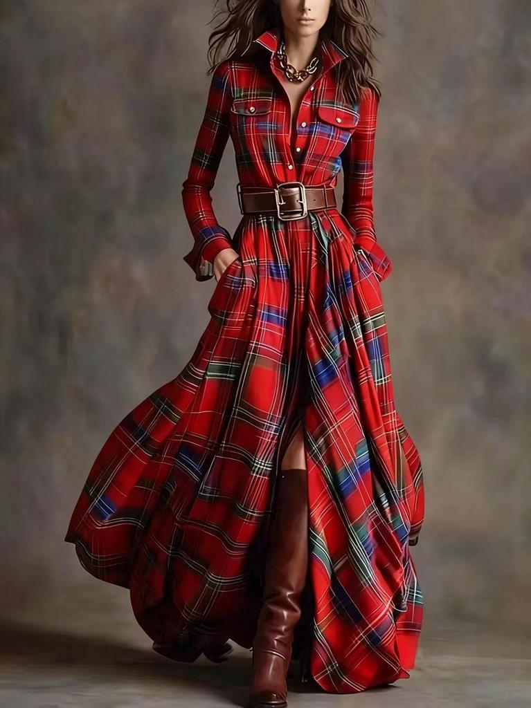 Women's Plus Size French Retro Plaid Slimming Irregular Dress Skirt