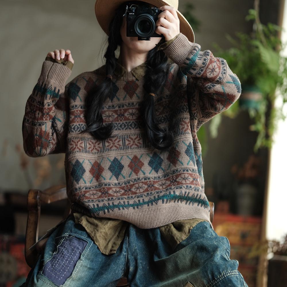 Johnature Dámské vintage pletené svetry s květinovým potiskem s kulatým výstřihem a dlouhým rukávem, podzimní měkké dámské svetry