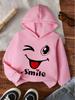 Felpe con cappuccio stampate grafiche con faccina sorridente che fa l'occhiolino, carine, per bambine e adolescenti, felpa rosa kawaii con sorriso, maglie a manica lunga con cappuccio