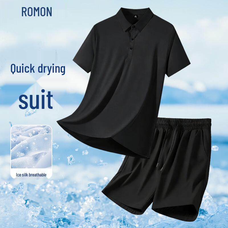 

ROMON Men s Ice Silk Polo Shirt & Casual Pants Set 3XL
