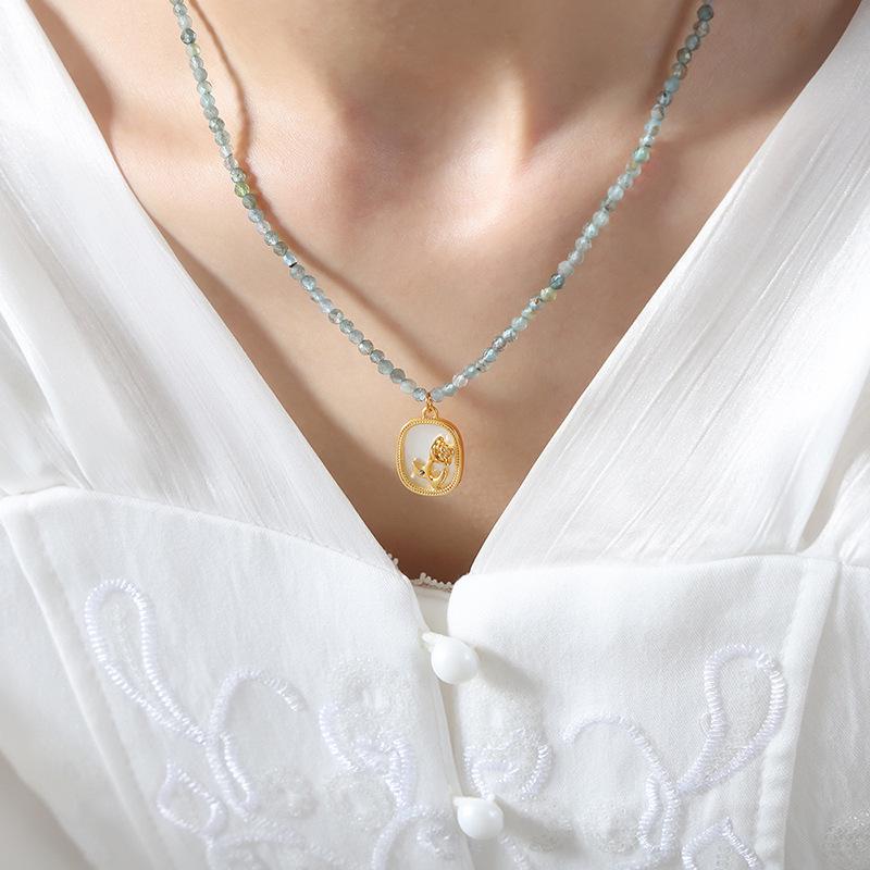 Handmade Baroque Rose Pendant Necklace with Faceted Zirconia Beads on Copper Clavicle Chain for Women