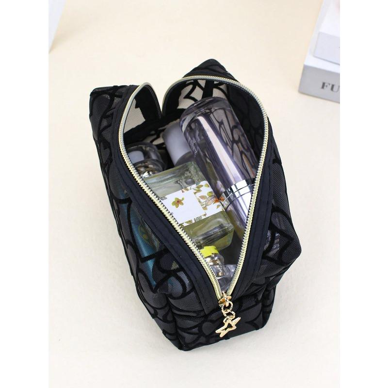 1pc Women Makeup Bag, Mesh Heart Flocked Decor, Fashionable & Minimalist Mesh Heart Design For Daily Use & Travel Makeup Travel Toiletry Organizer
