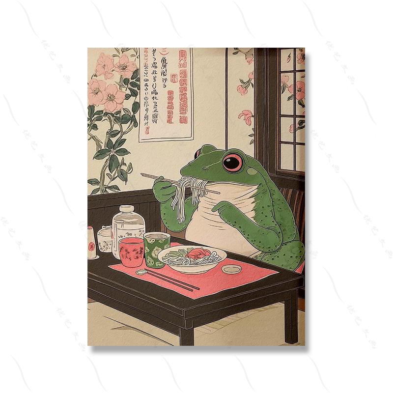 Japanese Black Cat Eating Sushi Frog Ramen Art Print Wall Decor Kitchen Dining Poster Aesthetic Unique Cat Lover Gift Poster