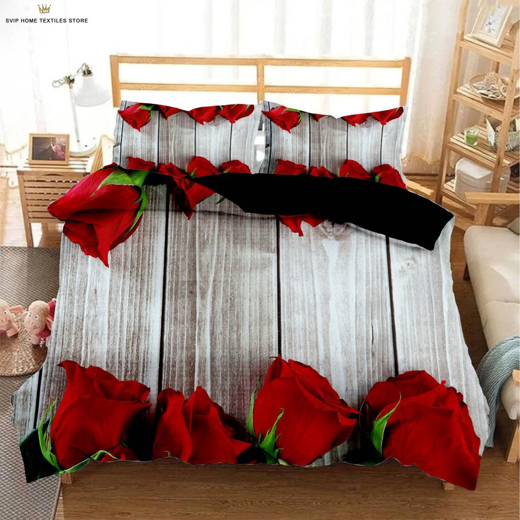 Set de lenjerie de pat cu husă de pilotă cu imprimeu retro roșu trandafir inimă de Ziua Îndrăgostiților, textile, husă de pilotă, față de pernă, lavabil la mașină, 3 piese