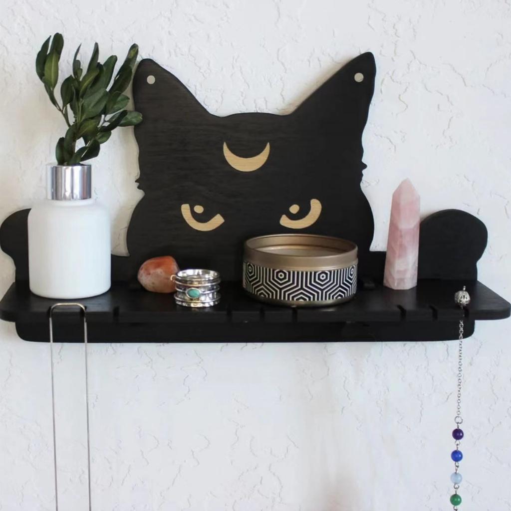 Crystal Shelf Display Black Cute Cat Floating Shelves for Halloween Wall Bedroom Decor Display Shelf for Crystals and Stones Witchy Room Decorations