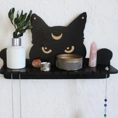 Półka ekspozycyjna na kryształy i kamienie Półka kryształowa ekspozycyjna Czarna słodka kotka Pływające półki na Halloween Dekoracja ścienna sypialni Dekoracje pokoju czarownic