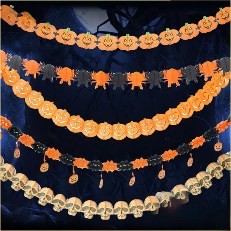 Halloween Banner Decoration Set with Honeycomb Pumpkin Paper Flower Skeleton Bat Spider Flag for Bar Party Room Scene Decor Use