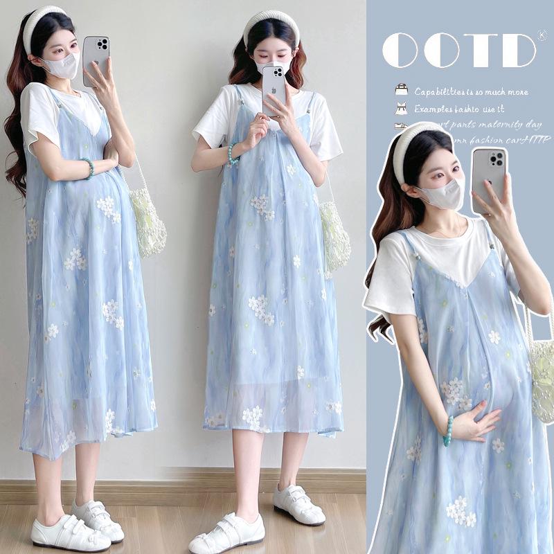 Summer Maternity Korean Style Cotton T-shirt with Chiffon Embroidery Two-Piece Dress L
