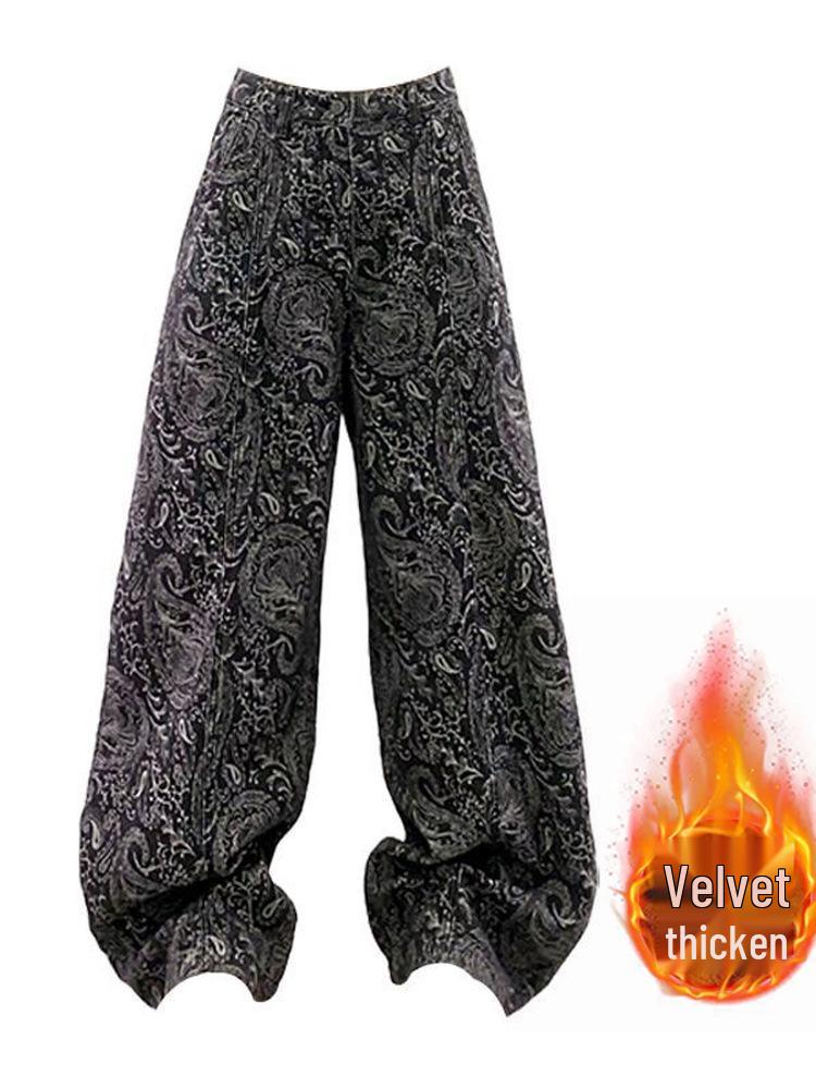 

Women s High Waist Velvet-Lined Denim Pants with Cool Print, Loose Fit Curved Straight Leg, Perfect for Winter. 3XL