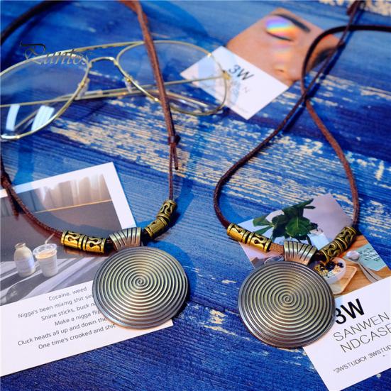 Vintage Women\'s Ethnic Faux Leather Spiral Disc Round Pendant Sweater Necklace