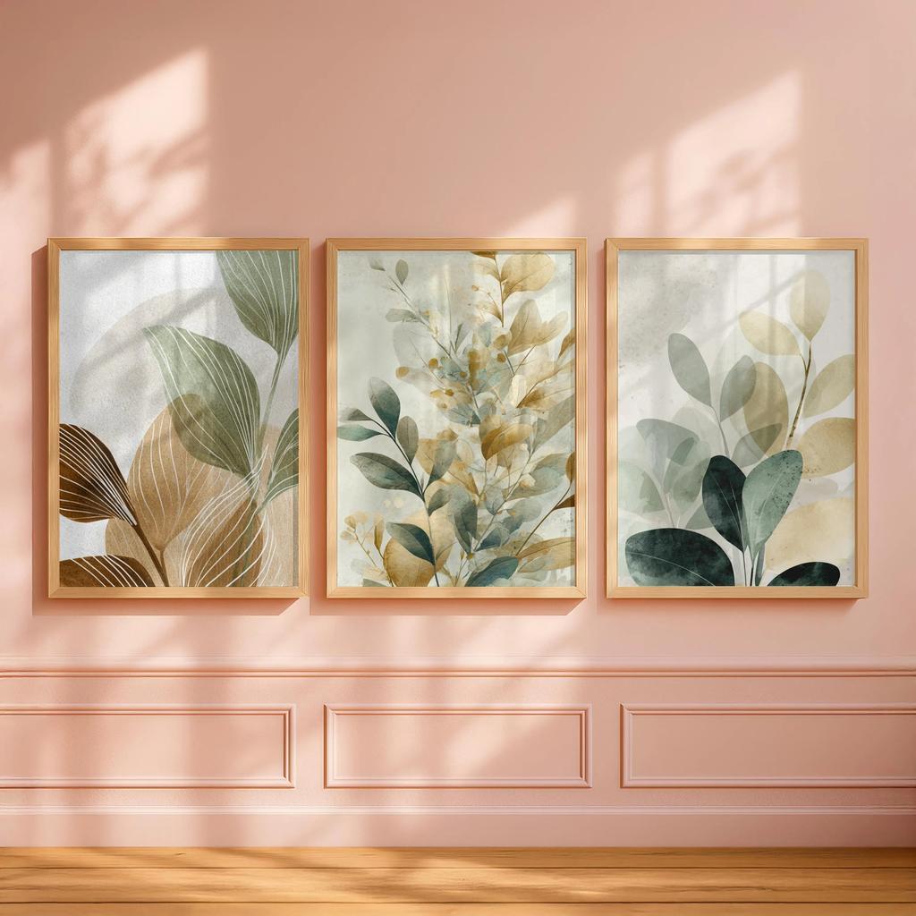 3 Pezzi Arte Murale Botanica Neutra, Stampe su Tela ad Acquerello Foglia di Eucalipto Verde Salvia, Poster di Arte Murale Piante Boho Japandi Sfumato