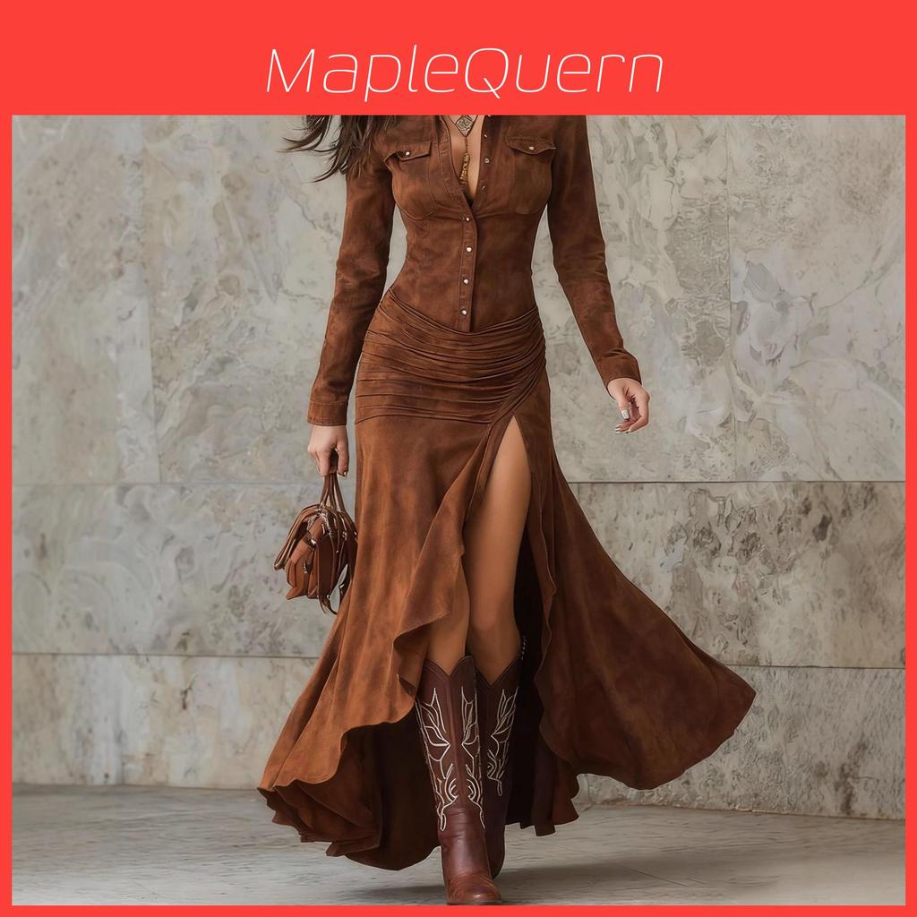 English Dress Long Sleeve Round Neck Zip Back Asymmetrical Hem For Casual Autumn