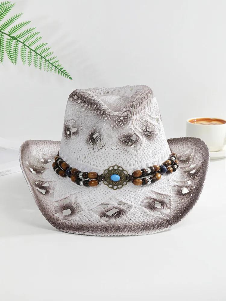 Straw Hat Women Men Summer Handmade Vintage Hollow Western Brim Sun Protection Fisherman Mountaineering Bohemian Chain Jewel