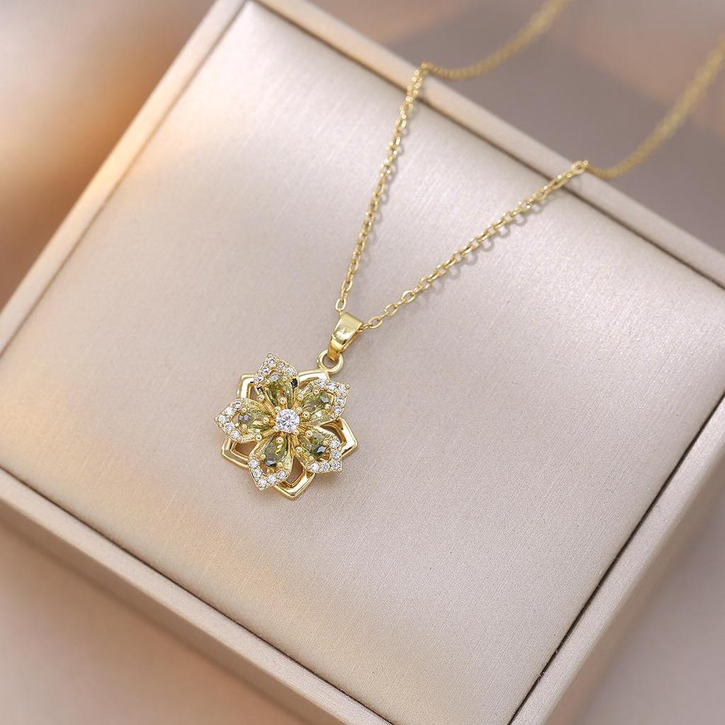 Purple Bauhinia Zirconia Flower 360° Rotatable Necklace for Women – European & American Style, New Five-Petal Design