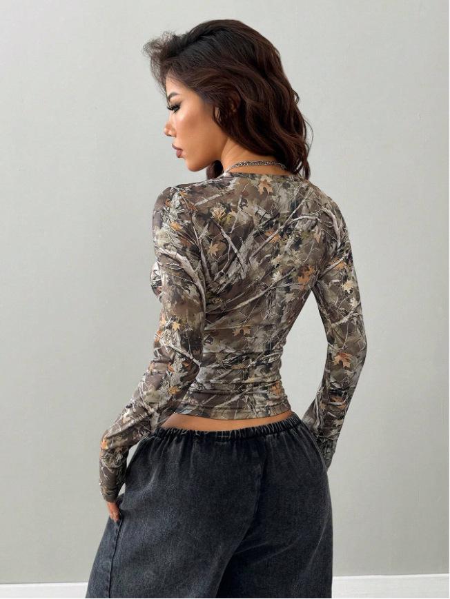 2025 Autumn European & American Style: Spicy Girl Sexy V-Neck Printed Long Sleeve Women's T-shirt