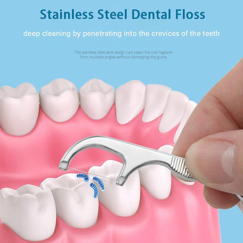 Edelstahl-Zahnstocherset Zahnseide Wiederverwendbare Zahnstocher Tragbarer Zahnstocher Zahnseide Zähne Reiniger Mundhygiene.