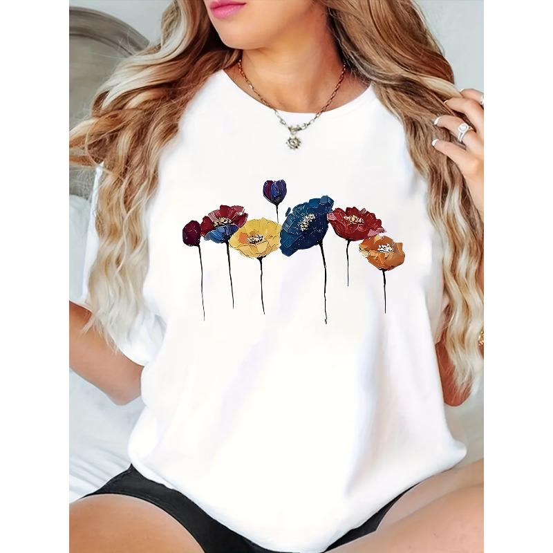 Европейский размер Плюс размер Женская футболка с цветочным принтом, короткий рукав - Яркая с дизайном цветка лотоса, Дышащая эластичная ткань, Повседневный топ с круглым вырезом S белый