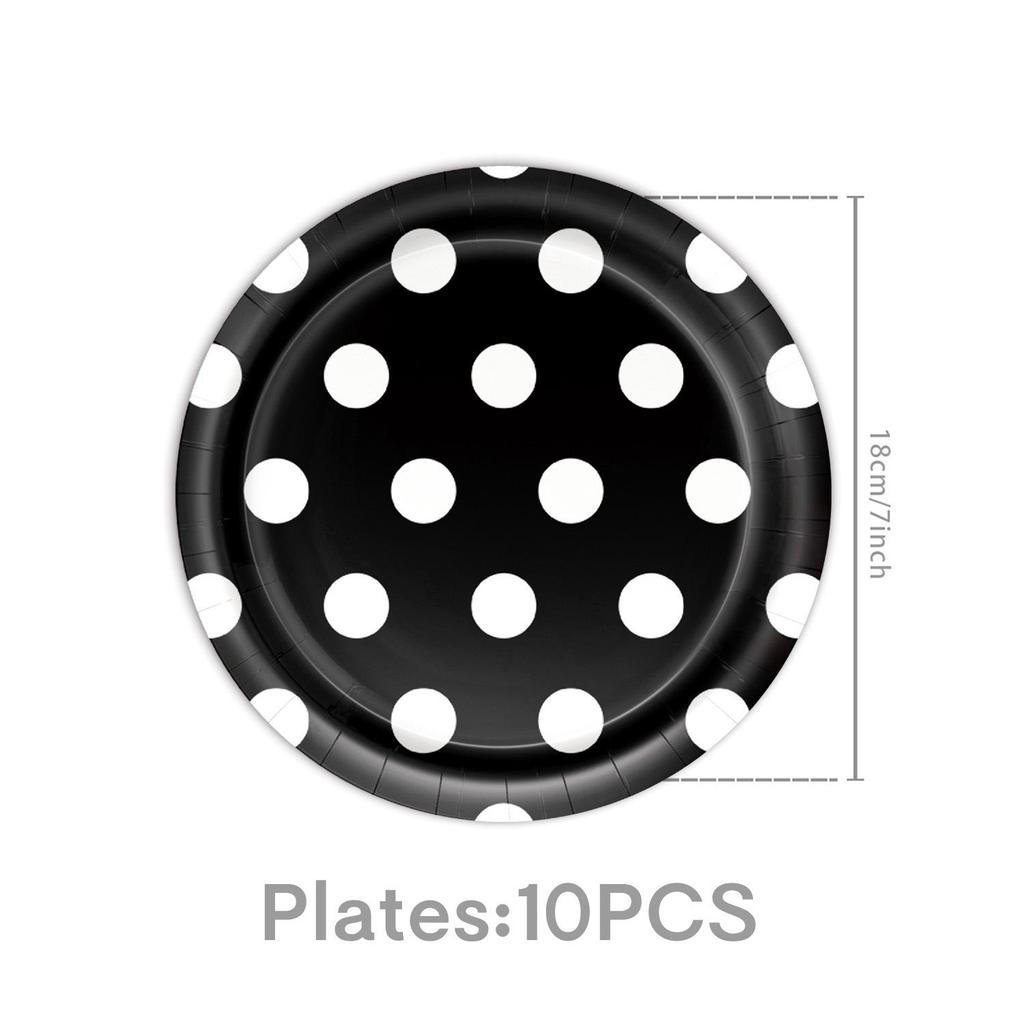 Cartoon Birthday Party Tableware Set: Black, Red, Yellow Polka Dot Plates & Napkins