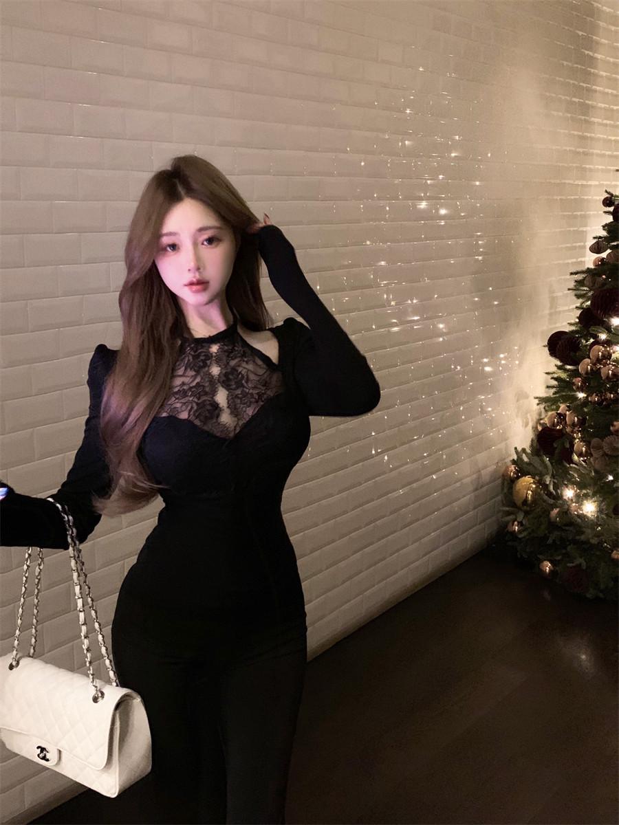 Elegant Lace Spliced Halter Long Sleeve Cropped Top - Women s Autumn/Winter Slim Fit S чёрный