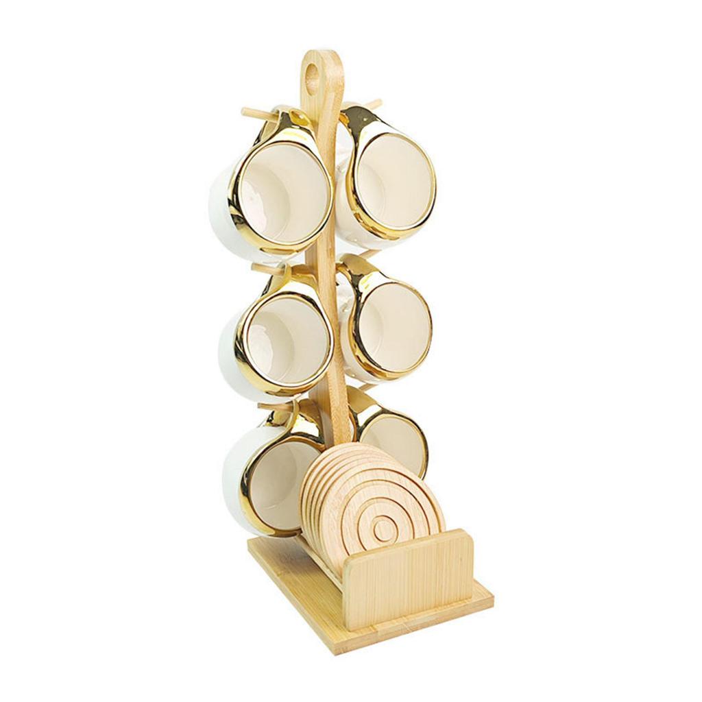 Nordic Style Ceramic Coffee Mug Set with Natural Bamboo Tree Cup Holder and Non-slip Coasters Stylish Kitchen Organizer for Tea and Coffee Home Decor