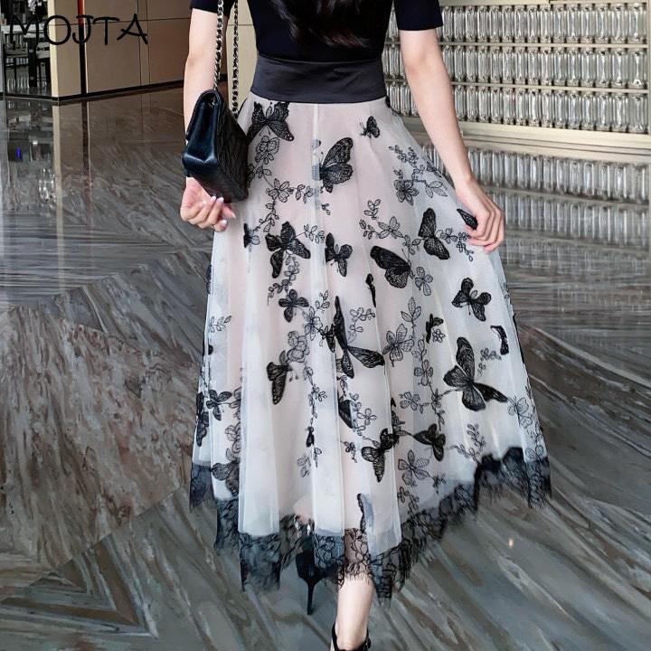 Sommar Kvinnor Hög midja Mellanlängd Elegant Net Gaze Kjol Flerlager Spets Kontrastfärger A-linje kjol Dam