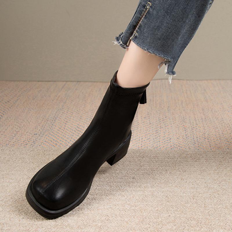 Leather Women Snow Ankle Boots Mid Heels Designer Shoes Winter Chunky Classic Motorcycle Boots 2024 Trend Goth Mujer Zapatillas