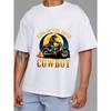 Crewneck T Shirt White King of The Road Cowboy Motorcycle Rider with Moon and Flames Graphic for Casual Wear