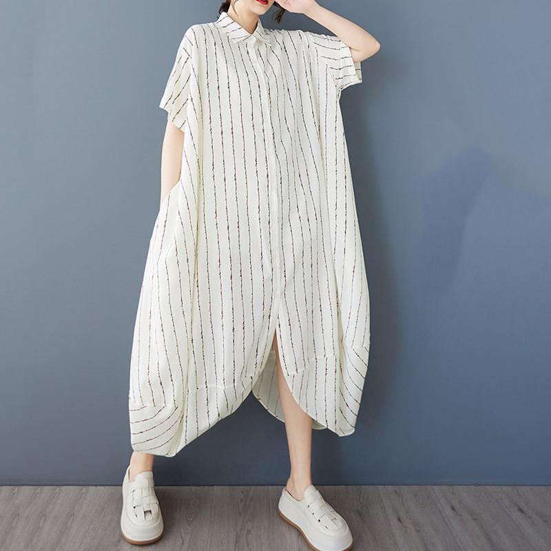 

Короткий рукав Плюс размер винтажная полоска новые платья для женщин повседневное свободное длинное летнее платье-рубашка белый