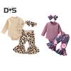 3 Pcs/Set Children Top Pants Headband Suit for 0-24 Months Floral Printing Flared Trousers High Collar Knitted Bodysuit Bow Headband Photo Prop